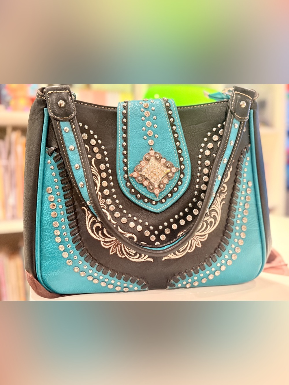 Montana West Turquoise and Black Embellished Western Tote